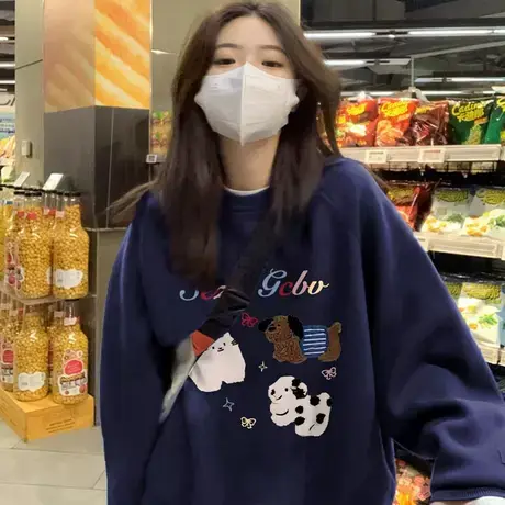 无帽圆领卫衣女2024新款秋冬季小个子高级感宽松加绒加厚套头上衣图片