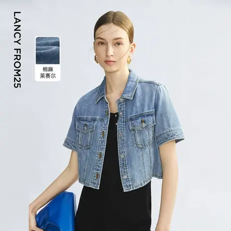 朗姿蓝色短袖翻领牛仔短款外套设计感2025年夏季新款通勤百搭上衣图片