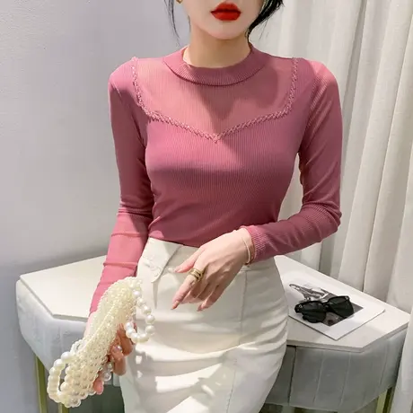 性感网纱打底衫女长袖欧货时尚手工钉珠上衣气质内搭半高领T恤ins商品大图