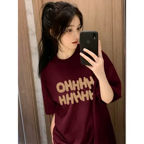 酒红色半袖T恤女hiphop街头情侣装短袖ins潮春季新款大码纯棉上衣图片