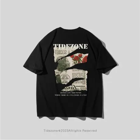 Ohlyah潮牌美式高街复古报纸玫瑰印花男女短袖t恤男女款纯棉上衣商品大图