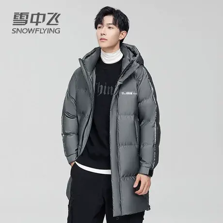 雪中飞连帽立领男长款羽绒服2023秋冬新款时尚休闲面包服印花外套图片