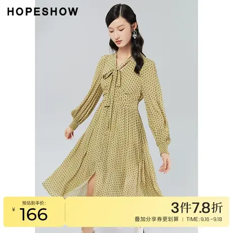 红袖outlets碎花飘带连衣裙hopeshow2022秋新款泡泡袖灯笼袖长裙商品大图