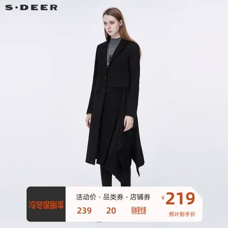 sdeer圣迪奥毛呢大衣女装平驳领风琴褶纯黑长款风衣外套S20381826🧒商品大图