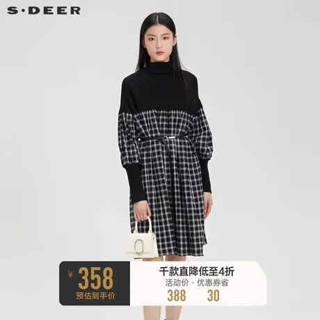 sdeer圣迪奥女装复古高领格纹收腰针织连衣裙S224Z1215商品大图