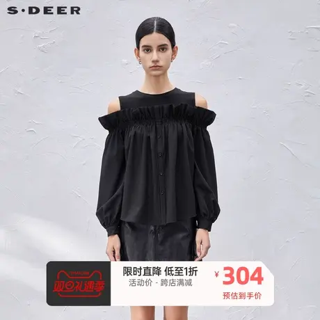 sdeer圣迪奥女装圆领露肩撞色木耳边长袖衬衫S211T0528📬商品大图