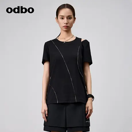 odbo/欧迪比欧时尚不规则流线设计短袖t恤女夏季2024新款休闲上衣图片