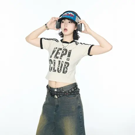 2025夏季新款撞色正肩短款印花短袖T恤女甜酷辣妹风修身显瘦上衣图片