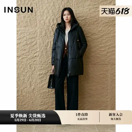 INSUN恩裳专选冬季时尚黑色连帽绵羊皮羽绒服商品大图