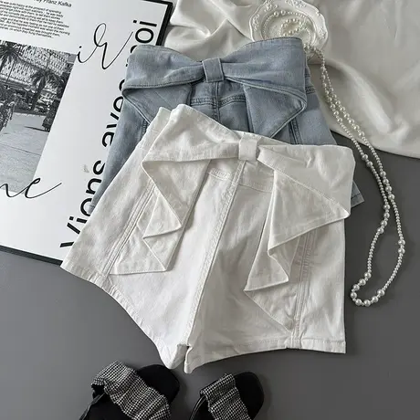 韩系蝴蝶结设计高腰牛仔短裤女2025夏季新款潮流弹力阔腿a字热裤商品大图