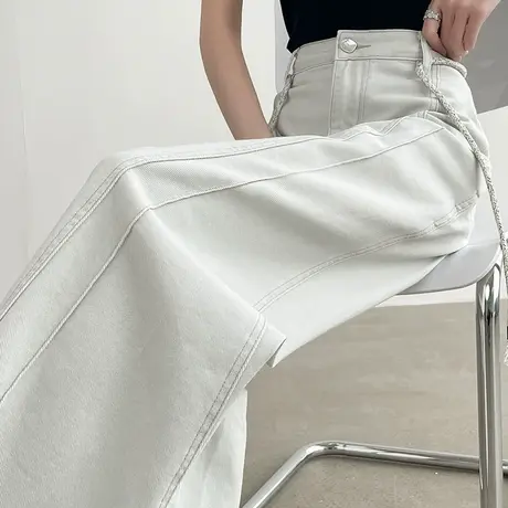 灰色轻奢阔腿牛仔裤女夏季薄款宽松高腰弯刀裤休闲裤子拖地直筒裤商品大图