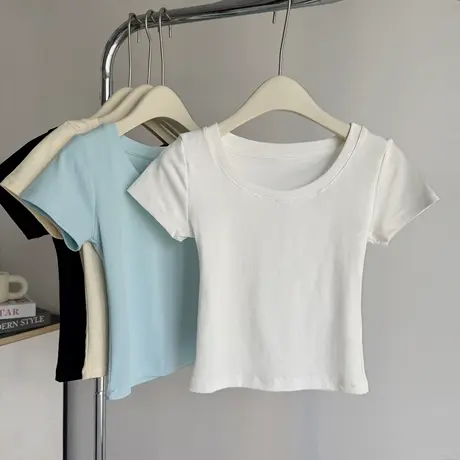 韩系甜辣妹U领正肩短袖T恤女夏季小个子短款修身打底衫半袖上衣潮商品大图