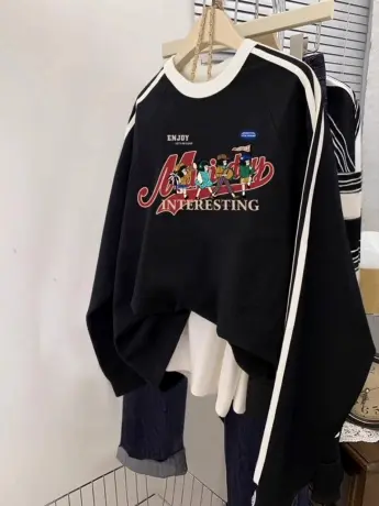 国潮牌圆领无帽卫衣女装三条杠高级感慵懒风ins春秋百搭宽松上衣商品大图