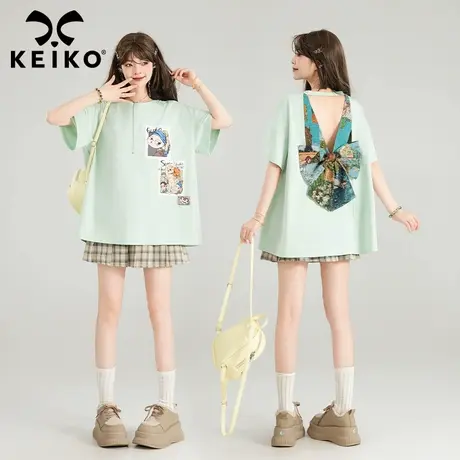 KEIKO 蝴蝶结girl 薄荷绿短袖t恤女2024新款小众设计露背宽松上衣图片