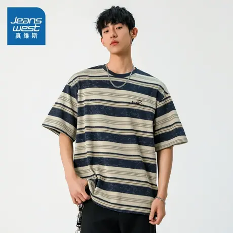 D4真维斯男装2025夏季新款 美式潮流复古扎染条纹刺绣设计短袖T商品大图