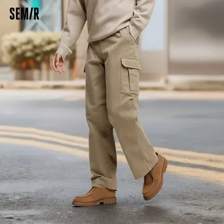 张新成同款森马休闲裤男2024冬新款宽松直筒工装裤纯色松紧腰裤子商品大图