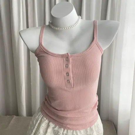 2024新款纯色时尚U领纽扣小背心女内搭性感露背遮副乳吊带上衣夏商品大图