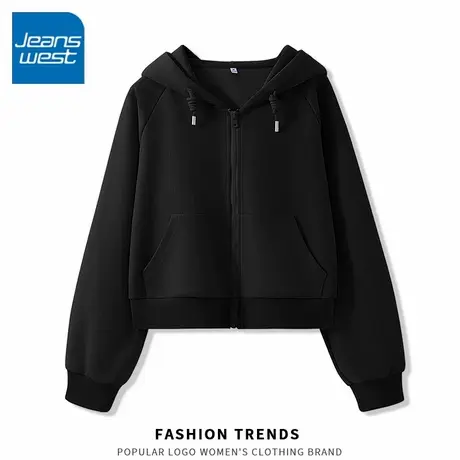 KV真维斯黑色连帽卫衣女春秋2025新款小个子宽松短款拉链开衫外套商品大图