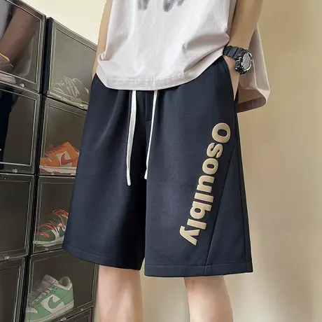 短裤男夏季2025新款菠萝格字母发泡印花宽松直筒oversize五分裤子图片