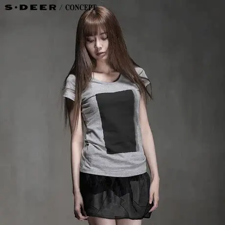 sdeer圣迪奥专柜正品女装夏装新品几何墨印圆领短T恤5280146图片