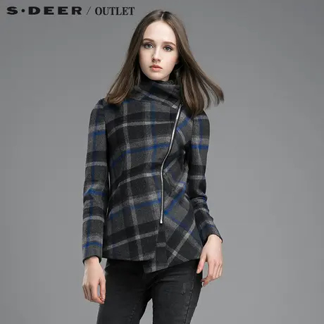 s.deer圣迪奥正品女装粗格纹斜襟修身毛呢大衣图片