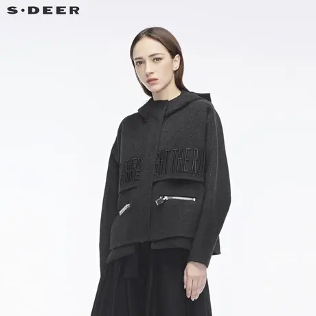 sdeer圣迪奥2018冬装新款女刺绣开衩连帽羊毛毛呢外套S18482281📣商品大图