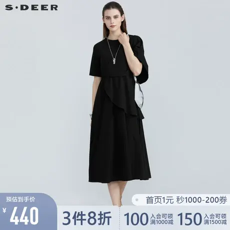 sdeer圣迪奥女夏设计感圆领拼接收腰短袖连衣裙S21281240图片