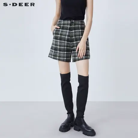 sdeer圣迪奥女装复古休闲插袋撞色格纹A字短裤S21460902图片