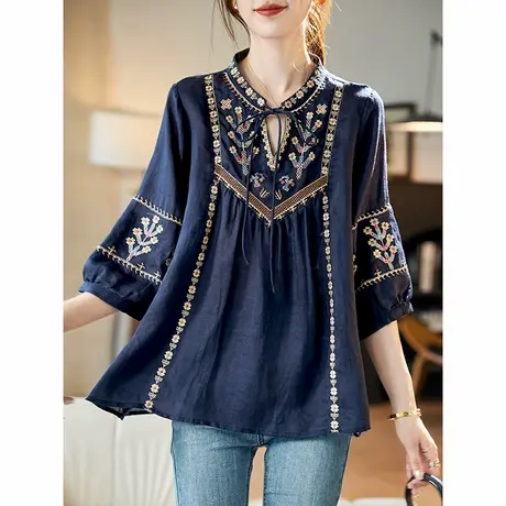 宝诗黎V领系带刺绣拼接衬衫2025夏季七分袖洋气文艺百搭小衫上衣商品大图