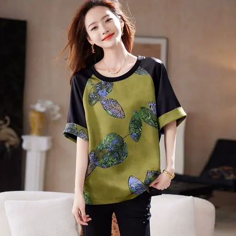 宝诗黎圆领印花拼接短袖雪纺衫2025夏季宽松气质慵懒休闲百搭小衫图片