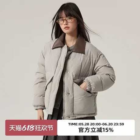 omont蛋挞家 90白鸭绒撞色pu领短羽绒服冬复古巴恩风保暖外套商品大图