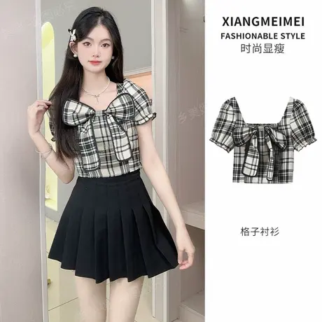 蝴蝶结格纹法式短袖衬衫方领女2024新款设计感别致显瘦衬衣上衣商品大图