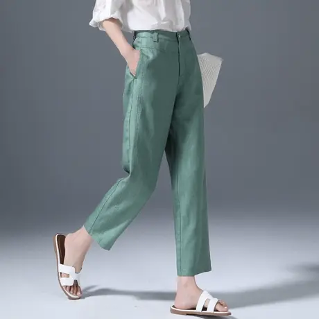 墨绿色夏季薄款天丝亚麻裤子2025新款夏冰丝休闲裤九分萝卜哈伦裤商品大图