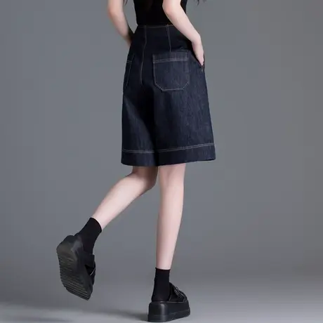 丹宁蓝高腰牛仔短裤女夏季薄款6分阔腿中裤a字显瘦宽松直筒五分裤商品大图