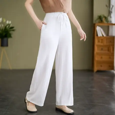 棉麻裤女夏季薄款宽松直筒休闲裤中年妈妈大码高腰垂感亚麻阔腿裤商品大图