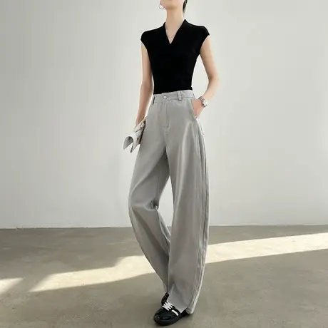 莫兰迪灰色弯刀牛仔裤女夏季新款高腰显瘦宽松休闲直筒阔腿拖地裤商品大图