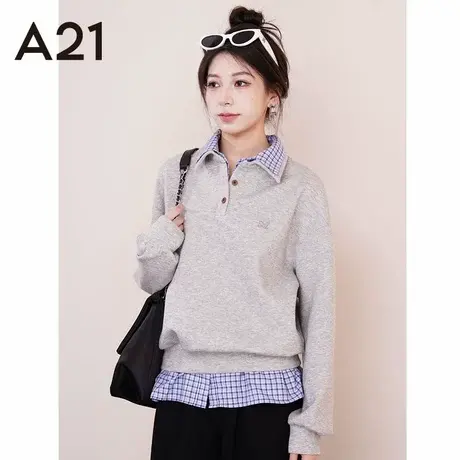 A21女装拼接双层领假两件卫衣2024冬新款韩版设计感长袖格子上衣商品大图