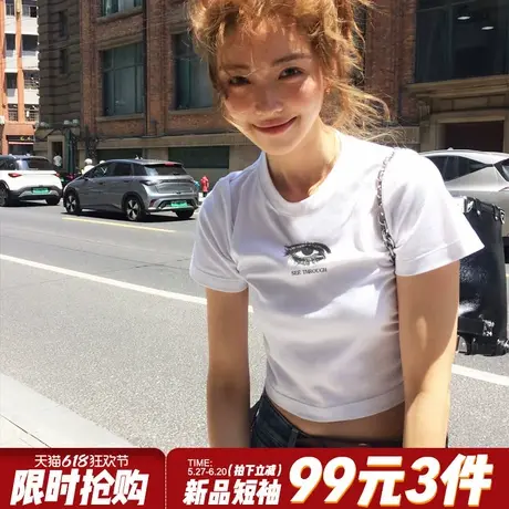 2025夏季新款小众设计感白色短袖t恤女美式高街显瘦百搭短款上衣商品大图