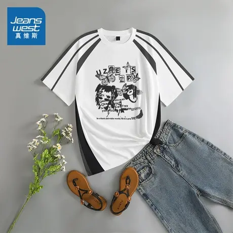 G2真维斯女装2025夏季新款美式复古黑白印花插肩撞色拼接短袖T恤商品大图