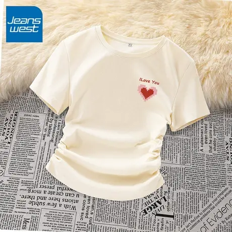 KV真维斯杏色正肩短袖女t恤夏季2025年新款抽褶体恤短款修身上衣商品大图