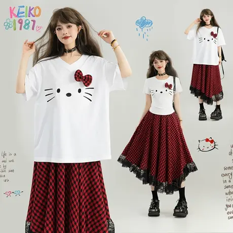 KEIKO [刺绣] 甜系萌猫绣花白色短袖t恤女25夏季慵懒V领休闲上衣图片