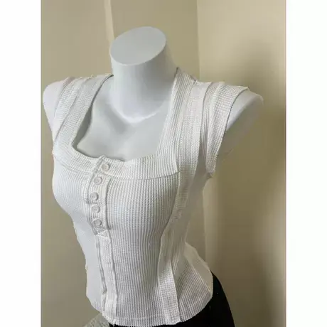 方领白色背心女夏季短款小飞袖修身无袖上衣图片