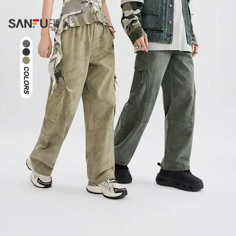 三福2025秋季男士脏脏洗褪工装休闲裤 宽松大直筒长裤506281图片