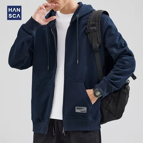 hansca2024秋冬季款拉链开衫卫衣男连帽宽松大码休闲加绒运动外套商品大图