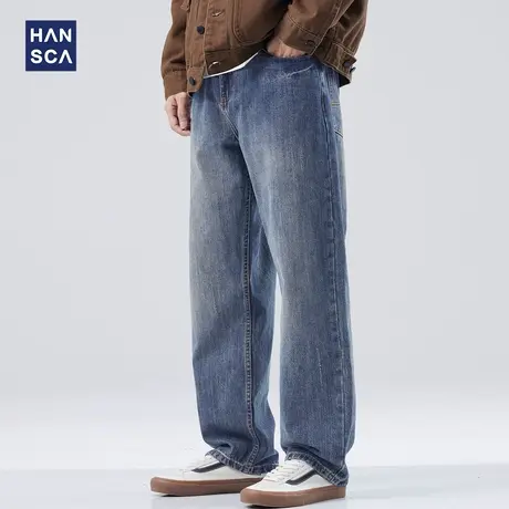 hansca秋季牛仔裤男宽松直筒2023新款美式高街休闲百搭阔腿长裤子商品大图