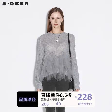 sdeer圣迪奥女装时尚圆领亮丝网纱拼接羊毛针织衫S21383521🛷商品大图