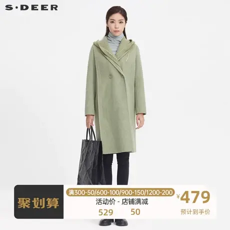 sdeer圣迪奥休闲连帽拼接胸针中长款毛呢大衣女冬外套S20481811🧐商品大图