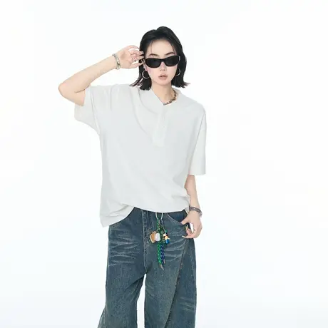 YEP美式复古小立领亨利衫男女夏季正肩半袖情侣装短袖t恤Cleanfit图片