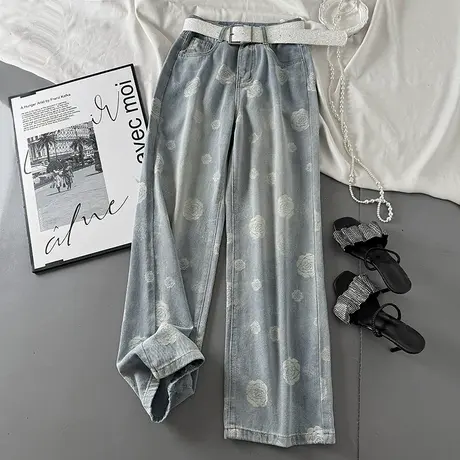 韩版印花浅蓝直筒裤女2025夏季新款休闲百搭宽松阔腿牛仔长裤子潮商品大图