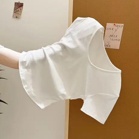 白色V领正肩短袖T恤女夏季修身韩版内搭打底衫褶皱收腰短款上衣潮商品大图